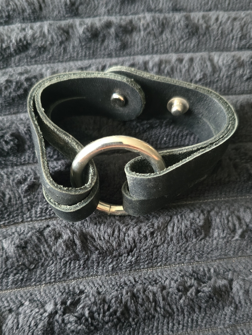 Black Leather Bracelet with Silver Ring